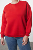 Kadın Büyük Beden Oversize Bisiklet Yaka Bej Rahat Kesim Basic Kalın polarlı Örme Sweatshirt