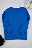 Kadın Büyük Beden Oversize Bisiklet Yaka Bej Rahat Kesim Basic Kalın polarlı Örme Sweatshirt