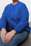 Kadın Büyük Beden Oversize Bisiklet Yaka Bej Rahat Kesim Basic Kalın polarlı Örme Sweatshirt