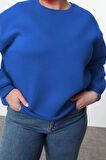 Kadın Büyük Beden Oversize Bisiklet Yaka Bej Rahat Kesim Basic Kalın polarlı Örme Sweatshirt