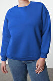 Kadın Büyük Beden Oversize Bisiklet Yaka Bej Rahat Kesim Basic Kalın polarlı Örme Sweatshirt