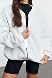 Kadın Oversize Bisiklet Yaka Düşük Kol Uzun Fermuarlı Geniş Kalıp Kalın İçi Polarlı Örme Sweatshirt
