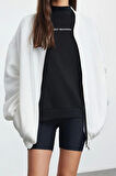 Kadın Oversize Bisiklet Yaka Düşük Kol Uzun Fermuarlı Geniş Kalıp Kalın İçi Polarlı Örme Sweatshirt