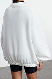 Kadın Oversize Bisiklet Yaka Düşük Kol Uzun Fermuarlı Geniş Kalıp Kalın İçi Polarlı Örme Sweatshirt