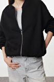 Kadın Oversize Bisiklet Yaka Düşük Kol Uzun Fermuarlı Geniş Kalıp Kalın İçi Polarlı Örme Sweatshirt