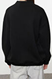 Kadın Oversize Bisiklet Yaka Düşük Kol Uzun Fermuarlı Geniş Kalıp Kalın İçi Polarlı Örme Sweatshirt