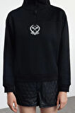 Kadın Fermuarlı Yaka Düşük Kol Standart Nakışlı Kalıp Kalın Polarlı Fermuarlı Yaka Örme Sweatshirt