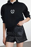 Kadın Fermuarlı Yaka Düşük Kol Standart Nakışlı Kalıp Kalın Polarlı Fermuarlı Yaka Örme Sweatshirt