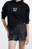 Kadın Fermuarlı Yaka Düşük Kol Standart Nakışlı Kalıp Kalın Polarlı Fermuarlı Yaka Örme Sweatshirt