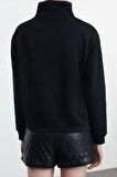 Kadın Fermuarlı Yaka Düşük Kol Standart Nakışlı Kalıp Kalın Polarlı Fermuarlı Yaka Örme Sweatshirt