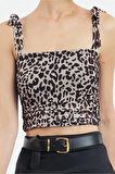 Kadın Moda Şık Crop Kare Yaka Slim Kalıp Örme Animal Leopar Desenli Bağlama Detaylı Esnek Bluz