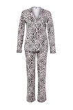 Kadın Boru Paça Uzun Kol Leopar Desenli Kurdele Fiyonklu Biyeli Gömlek Pantolon Pijama Takımı