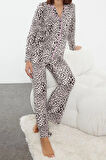 Kadın Boru Paça Uzun Kol Leopar Desenli Kurdele Fiyonklu Biyeli Gömlek Pantolon Pijama Takımı