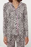 Kadın Boru Paça Uzun Kol Leopar Desenli Kurdele Fiyonklu Biyeli Gömlek Pantolon Pijama Takımı