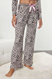 Kadın Boru Paça Uzun Kol Leopar Desenli Kurdele Fiyonklu Biyeli Gömlek Pantolon Pijama Takımı