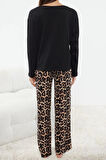Kadın Moda Şık Bisiklet Yaka Geniş Paça Uzun Kol %100 Pamuklu Leopar Desenli Örme Pijama Takımı