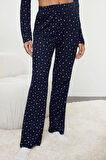 Kadın Moda Şık Gömlek Yaka Geniş Paça Uzun Kol %100 Pamuklu Galaksi Desenli Örme Pijama Takımı