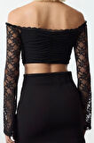 Kadın Moda Şık Üst Giyim Crop Carmen Yaka Fitted Kalıp Örme Agraflı Dantel Bluz