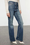 Kadın Moda Şık Kot Pantolon İspanyol Paça Uzun Boy Denim Mavi Soluk Vintage Yüksek Bel Jeans