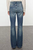 Kadın Moda Şık Kot Pantolon İspanyol Paça Uzun Boy Denim Mavi Soluk Vintage Yüksek Bel Jeans