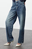 Kadın Moda Şık Kot Pantolon Geniş Paça Uzun Boy Denim Mavi Yüksek Bel Jeans