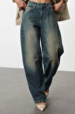 Kadın Moda Şık Kot Pantolon Geniş Paça Uzun Boy Denim Soluk Vintage Normal Bel Skater Jeans