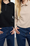 Kadın Fermuarlı Yaka Düşük Kol Bordo-Antrasit 2Li Paket Selanik Kalıp Fermuarlı Yaka Örme Sweatshirt