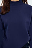 Kadın Oversize Dik Yaka Uzun Basic Çizgili Kalıp Yarım Balıkçı Kalın Polarlı Örme Sweatshirt