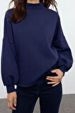 Kadın Oversize Dik Yaka Uzun Basic Çizgili Kalıp Yarım Balıkçı Kalın Polarlı Örme Sweatshirt