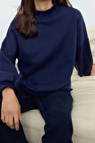 Kadın Oversize Dik Yaka Uzun Basic Çizgili Kalıp Yarım Balıkçı Kalın Polarlı Örme Sweatshirt