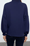 Kadın Oversize Dik Yaka Uzun Basic Çizgili Kalıp Yarım Balıkçı Kalın Polarlı Örme Sweatshirt