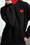 Kadın Regular Bisiklet Yaka Düşük Kol Regular Nakışlı Normal Kalıp Kalın İçi Polarlı Örme Sweatshirt