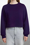 Kadın Bisiklet Yaka Düşük Kol Crop Kalın Polarlı Geniş Kalıp Crop Basic Örme Sweatshirt
