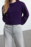 Kadın Bisiklet Yaka Düşük Kol Crop Kalın Polarlı Geniş Kalıp Crop Basic Örme Sweatshirt