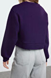 Kadın Bisiklet Yaka Düşük Kol Crop Kalın Polarlı Geniş Kalıp Crop Basic Örme Sweatshirt