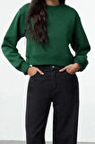 Kadın Bisiklet Yaka Düşük Kol Crop Kalın Polarlı Geniş Kalıp Crop Basic Örme Sweatshirt