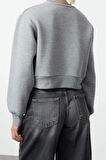 Kadın Bisiklet Yaka Düşük Kol Crop Kalın Polarlı Geniş Kalıp Crop Basic Örme Sweatshirt