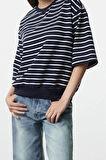 Kadın Moda Şık Oversize Bisiklet Yaka Düşük Kol Crop Çizgili Geniş Kalıp İnce Örme Sweatshirt
