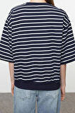 Kadın Moda Şık Oversize Bisiklet Yaka Düşük Kol Crop Çizgili Geniş Kalıp İnce Örme Sweatshirt