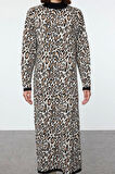 Kadın Moda Şık Tesettür Maxi Boy Dik Yaka Regular Leopar Desenli Triko Elbise
