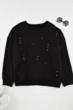 Kadın Büyük Beden Moda Şık Oversize Bisiklet Yaka Düşük Kol Regular Örme Sweatshirt