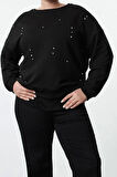 Kadın Büyük Beden Moda Şık Oversize Bisiklet Yaka Düşük Kol Regular Örme Sweatshirt