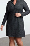 Kadın Moda Şık Büyük Beden Mini Boy Dik Yaka Relaxed Yumoş Örme Büyük Beden Elbise