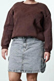 Kadın Büyük Beden Moda Şık Oversize Bisiklet Yaka Düşük Kol Regular İçi Polarlı Örme Sweatshirt