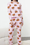 Kadın Moda Şık Bisiklet Yaka Boru Paça Uzun Kol %100 Pamuklu Ayıcık Desenli Örme Pijama Takımı