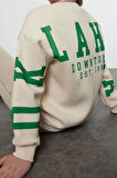 Kadın Büyük Beden Oversize Bisiklet Yaka Düşük Kol Genilş Kalıp Sırtı Baskılı Polar Kalın Sweatshirt