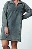 Kadın Moda Şık Büyük Beden Mini Boy Gömlek Yaka Denim Rigid Büyük Beden Elbise