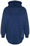 Kadın Büyük Beden Relaxed Kapüşonlu Düşük Kol Regular Slogan Detaylı İçi Polar Kalın Örme Sweatshirt