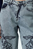 Kadın Moda Şık Kot Pantolon Geniş Paça Uzun Boy Denim Antrasit Nakışlı Yüksek Bel Balon Jeans