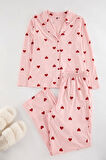 Kadın Moda Şık Büyük Beden Gömlek Yaka Geniş Paça Uzun Kol Vişne Kalpli Örme Pijama Takımı